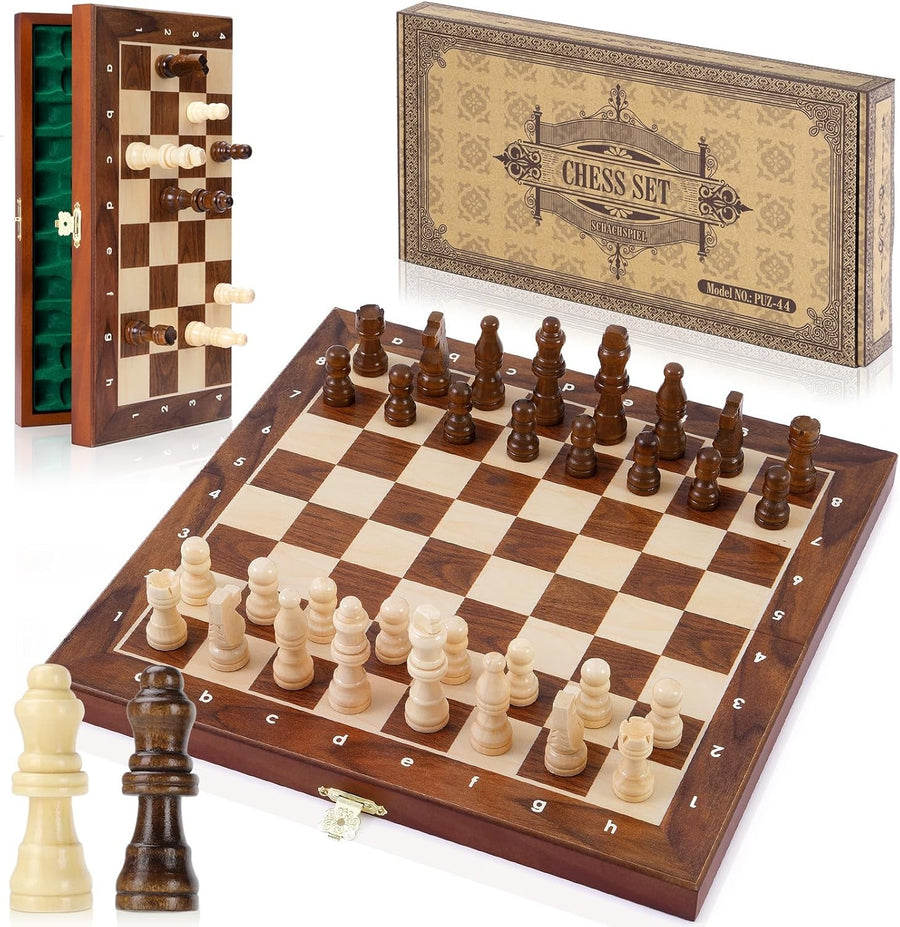 Wooden Magnetic Chess Set 30cm Folding Board w/ Storage & Extra Queens