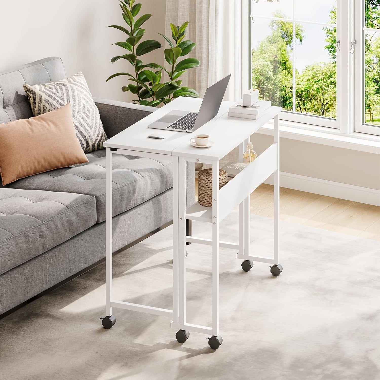 Folding Computer Desk Rolling Laptop Table with Storage Shelf Wheels White