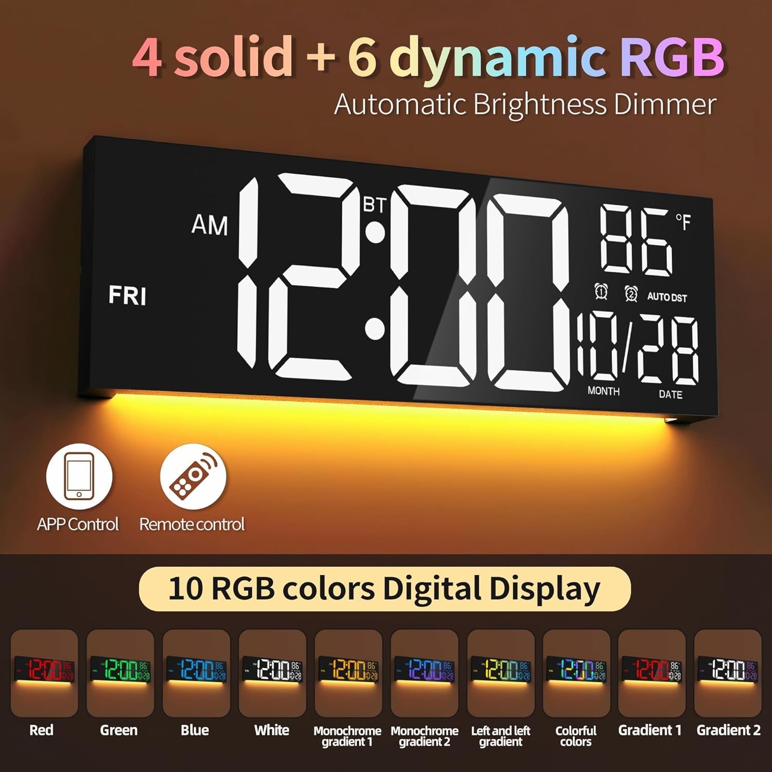 16.5" Large Digital Wall Clock LED Display Temp Date Night Light Alarm Remote