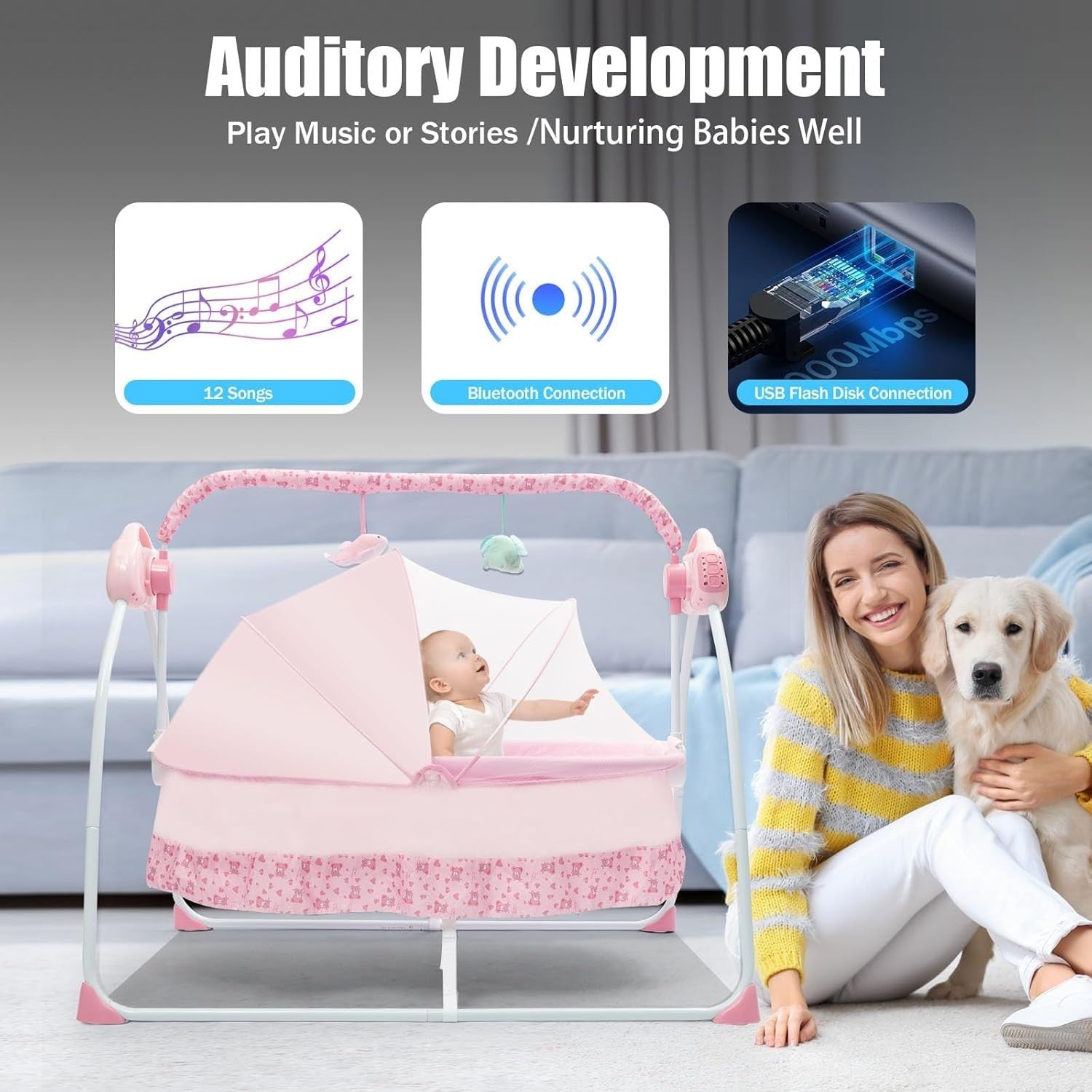 Electric Baby Crib Cradle Auto Rocking Bassinet with Music & Remote