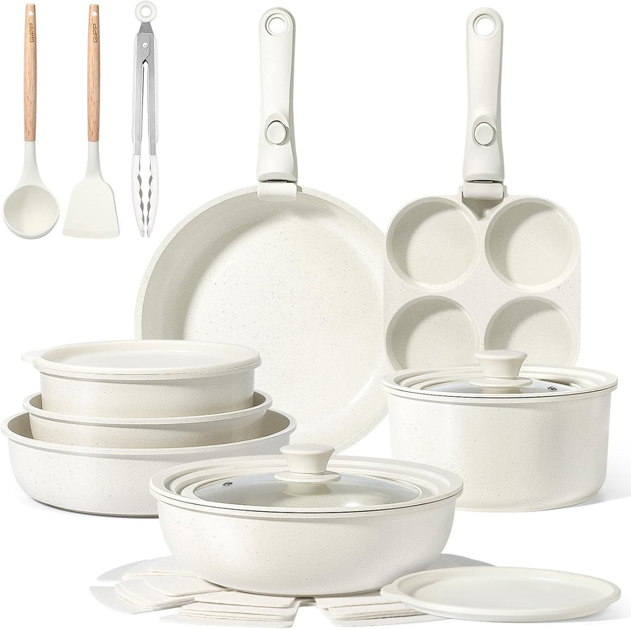 21Pcs White Non Stick Cookware Set with Removable Handles, Induction & Oven Safe