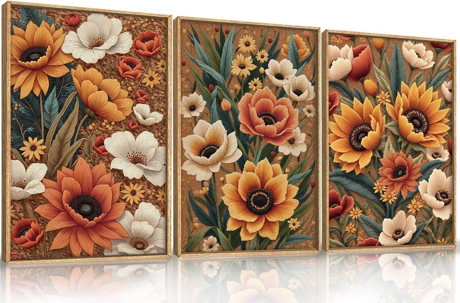 Boho Floral Framed Canvas Wall Art Set 3 Botanical Prints Home Decor