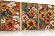 Boho Floral Framed Canvas Wall Art Set 3 Botanical Prints Home Decor