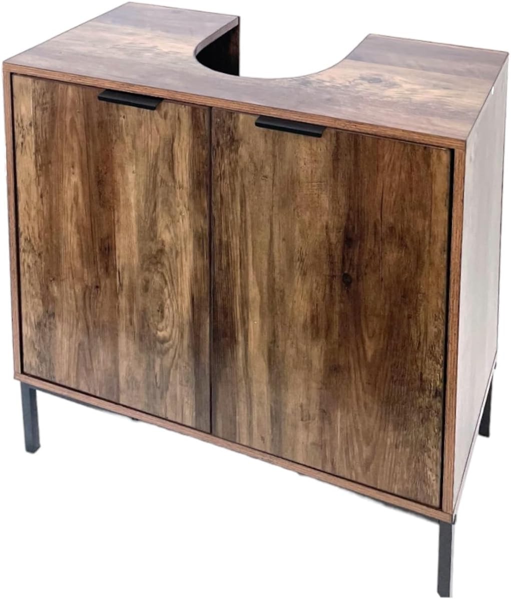 Rustic Oak Under Sink Bathroom Cabinet with Double Doors & Storage Shelf