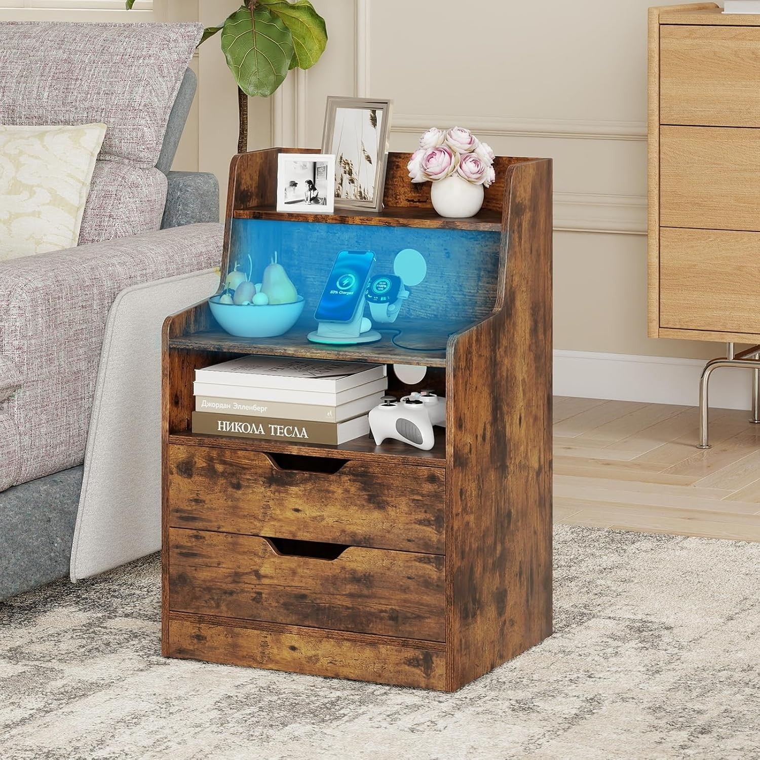 Rustic Brown LED Bedside Table with Charging Station, Drawers & RGB Shelf Unit