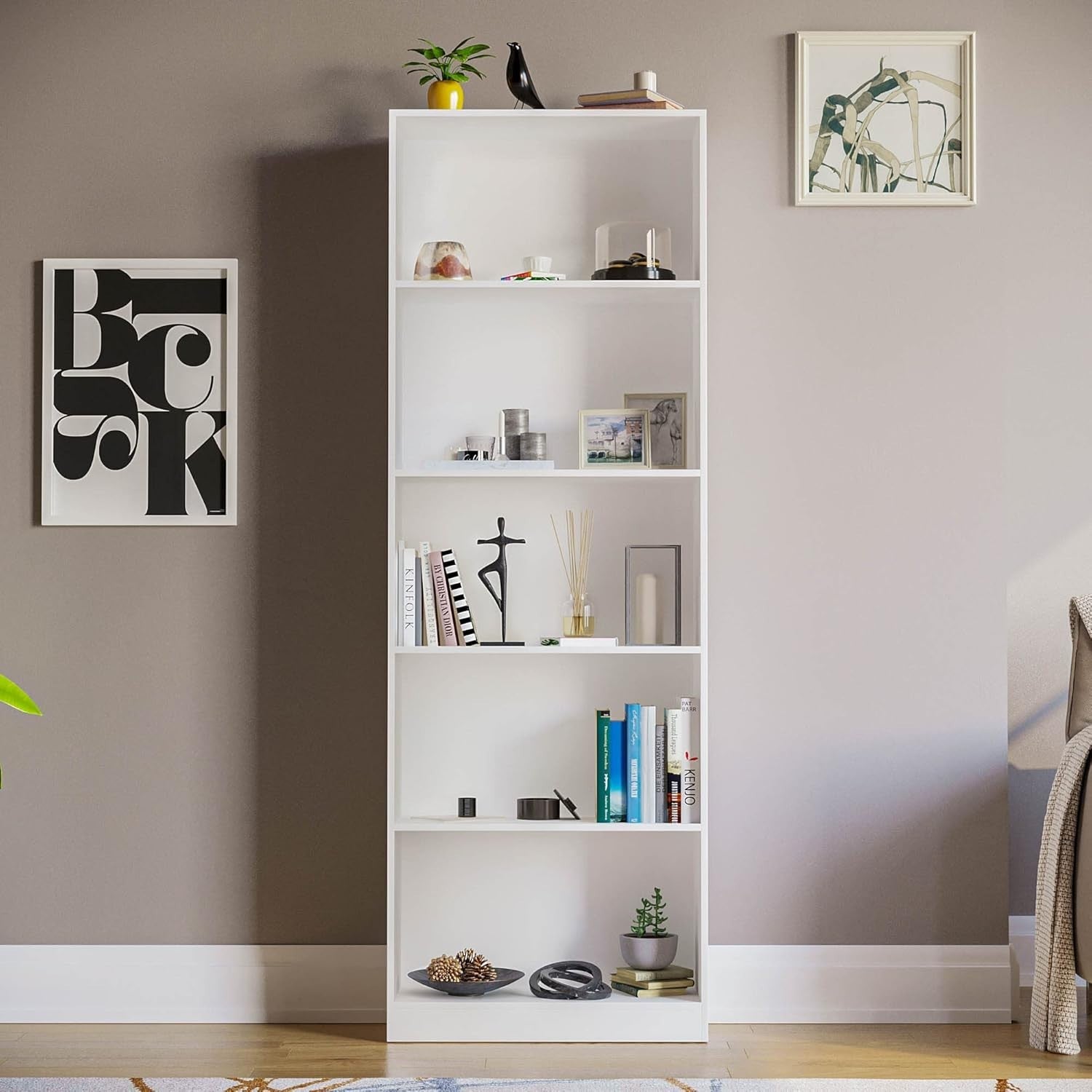 5 Tier White Wooden Bookcase Modern Storage Display Shelf for Living Room