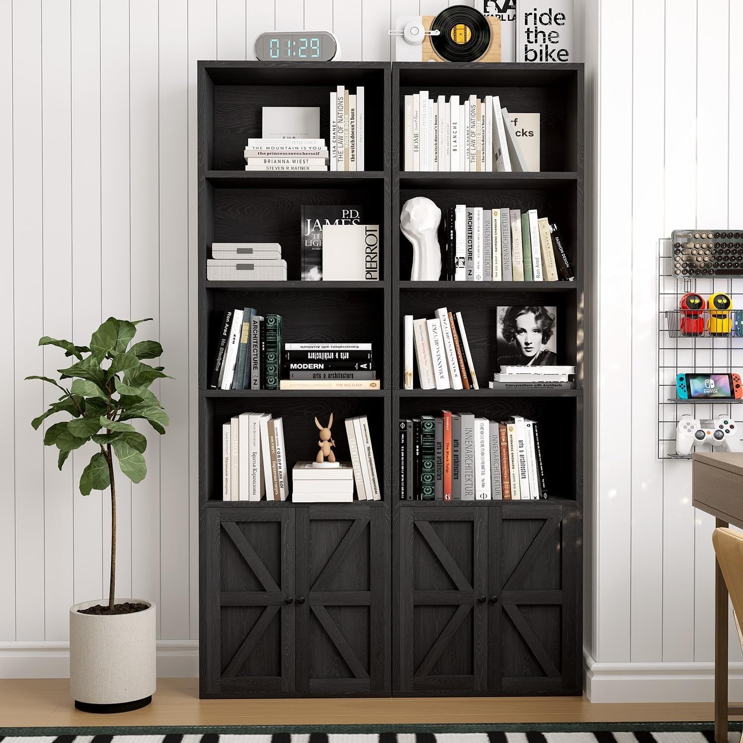 Tall Black 6-Tier Bookcase with Cabinet Doors Modern Storage Unit 181cm
