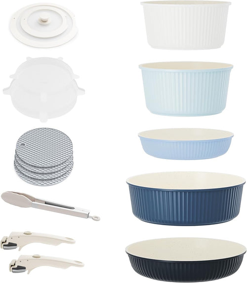 5Pcs Graduated Blue Pots Pans Set with Lids & Detachable Handle Induction Safe
