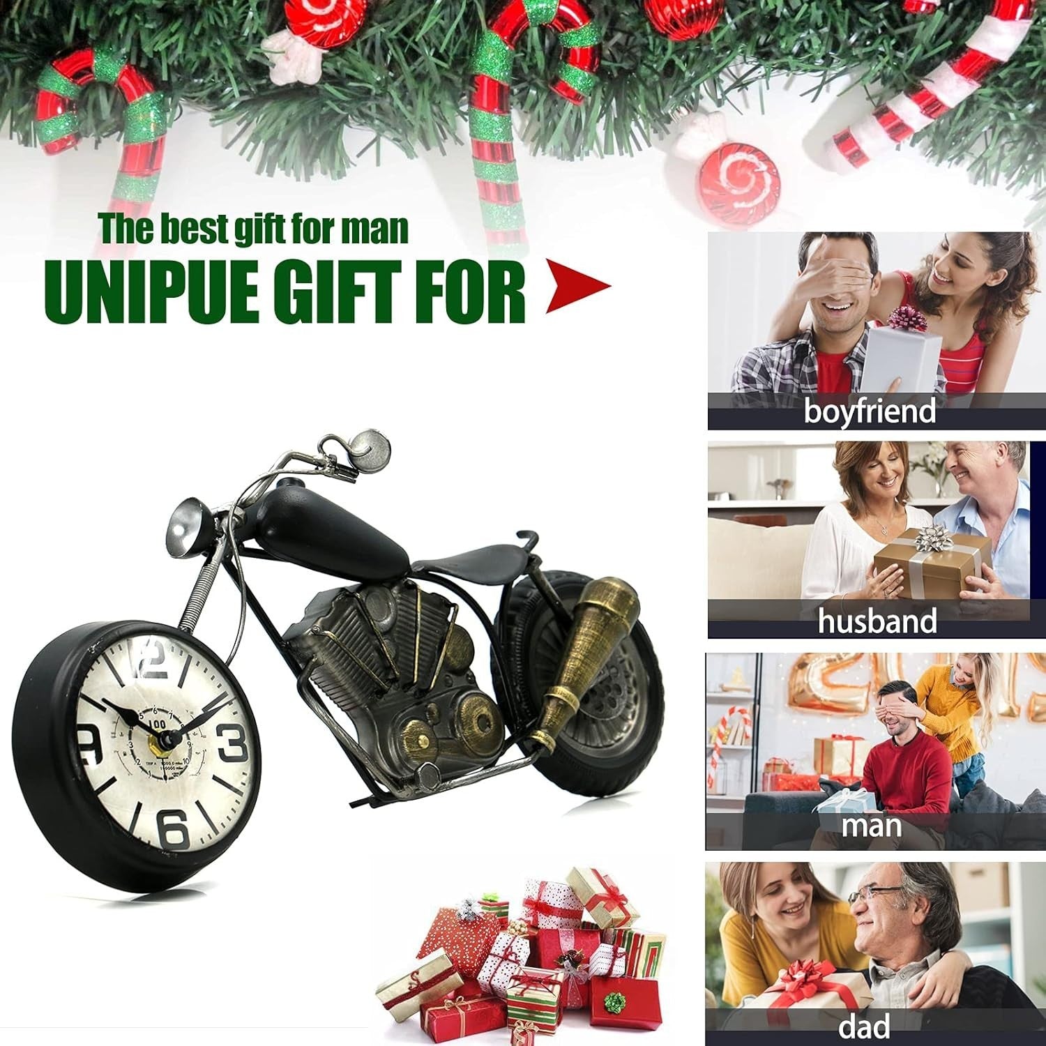 Motorcycle Desk Clock Gift for Him – Silent No-Tick Rustic Battery Decor