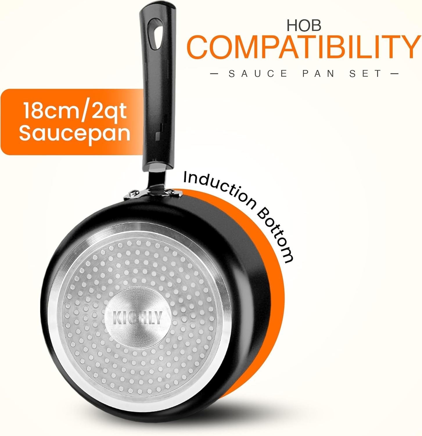 18cm Black Non-Stick Saucepan with Glass Lid, 2L Induction Milk Pan