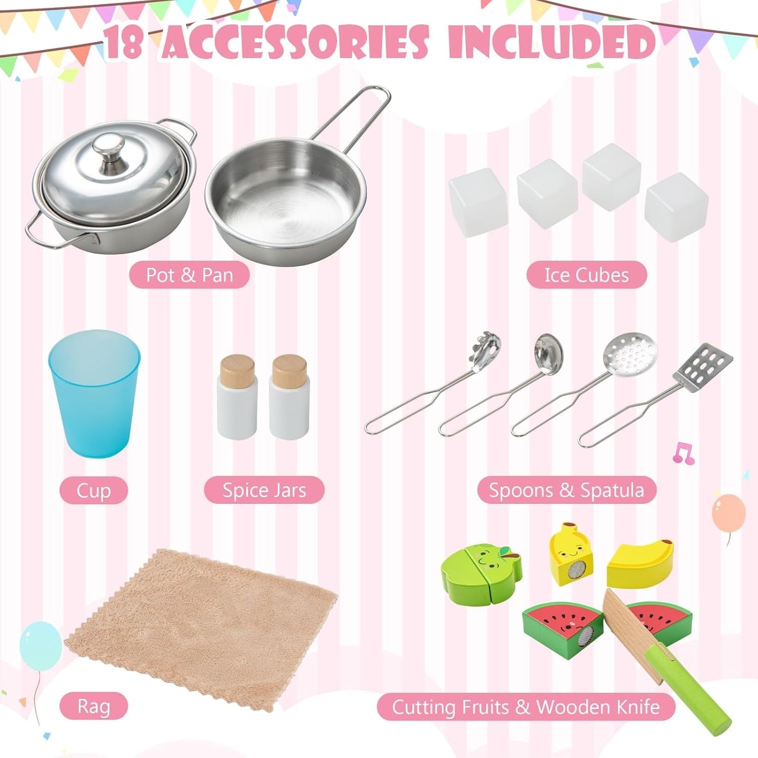 Wooden Kids Play Kitchen Pink Toy Set Microwave Oven Ice Maker Sound