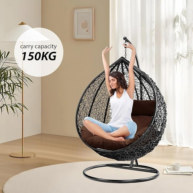 Outdoor Hanging Egg Chair Rattan Swing Seat with Cushion & Steel Frame Garden