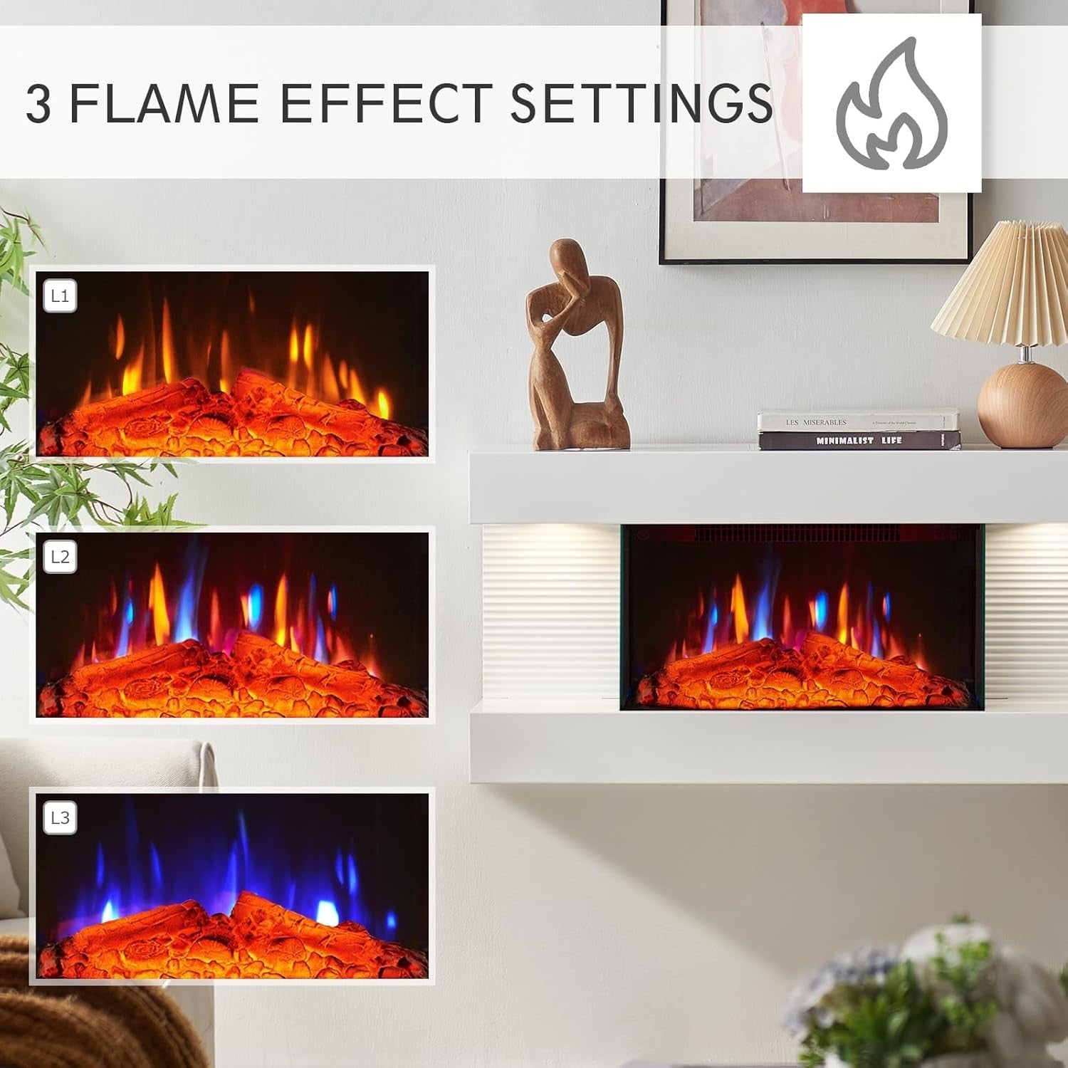 Wall Mounted Electric Fireplace Suite 82cm – LED Flame & Heater 1.8kW
