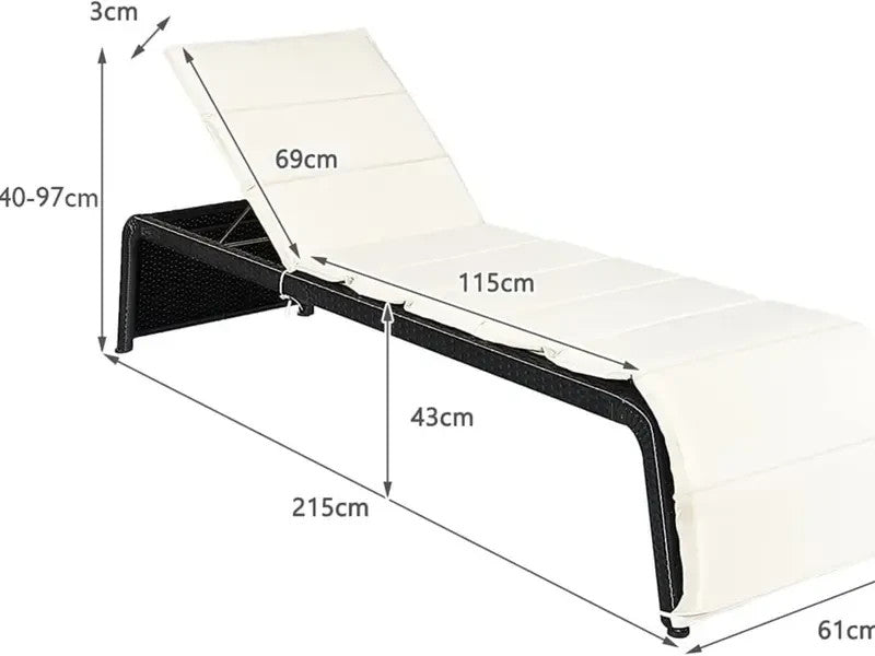 Rattan Sun Lounger Reclining Patio Chaise Bed Adjustable Waterproof Cushion