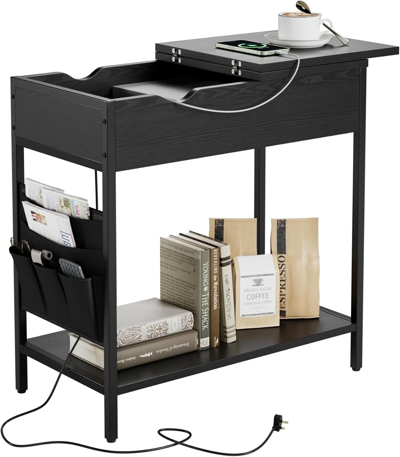 Black Narrow Side Table with USB Ports, Charging Shelf & Storage Bags