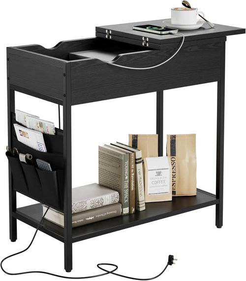 Black Narrow Side Table with USB Ports, Charging Shelf & Storage Bags