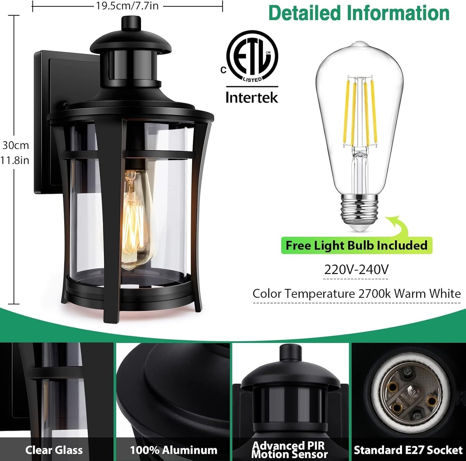 Outdoor Wall Light Black Motion Sensor Waterproof LED