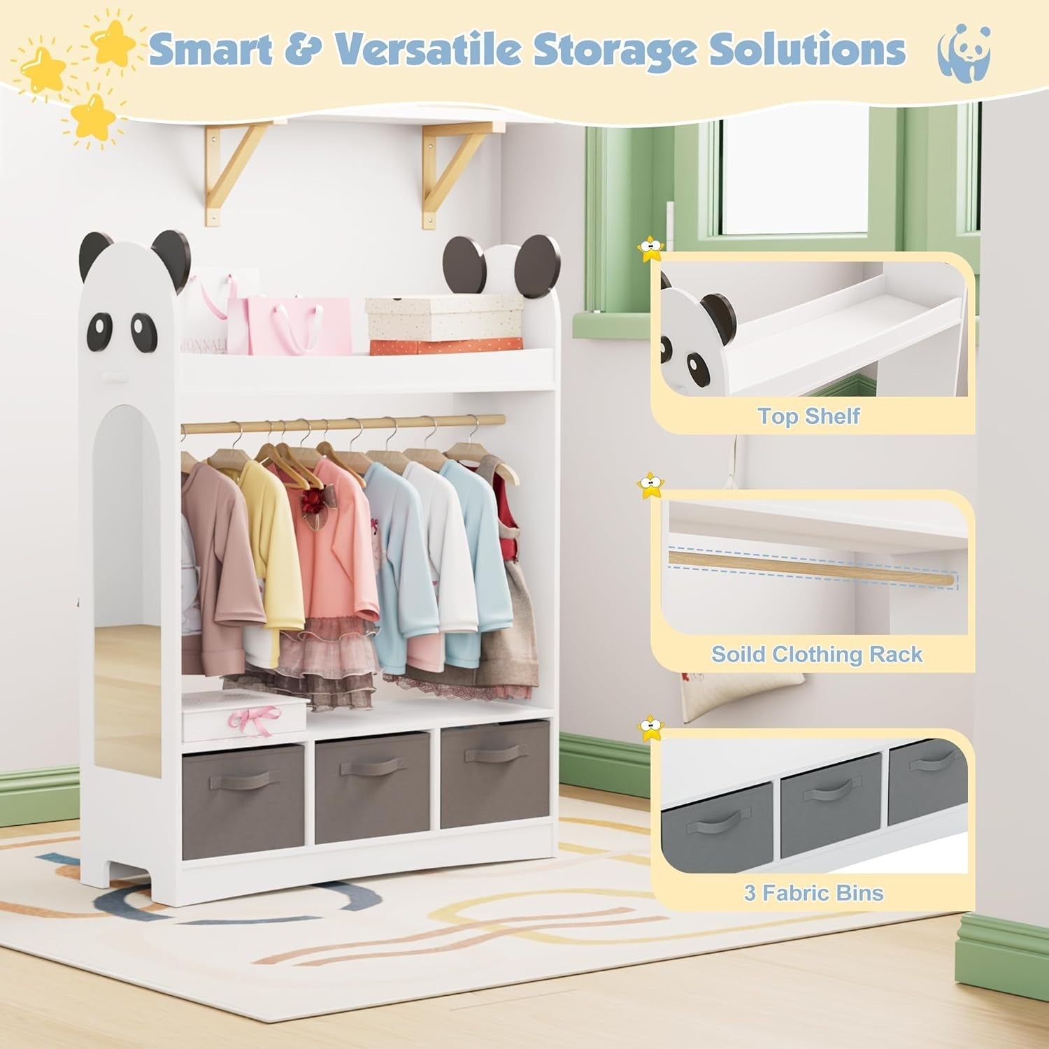 Kids Dress Up Wardrobe with Mirror, Hanging Rail & Drawers for Clothes Storage