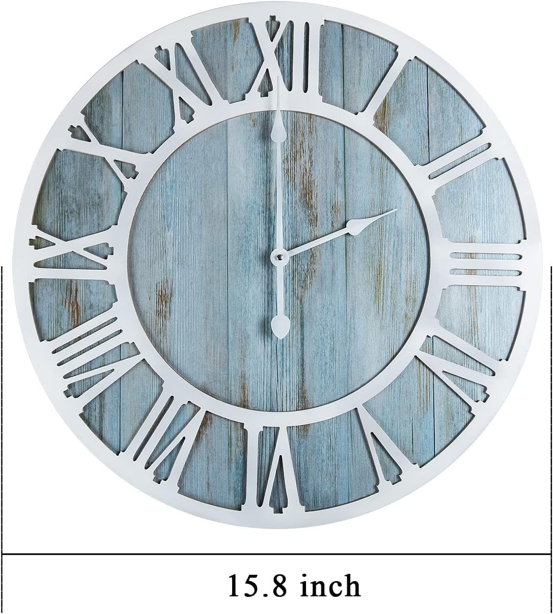 16" Rustic Blue Wood Wall Clock Silent Non-Ticking Round Roman Numeral Decor
