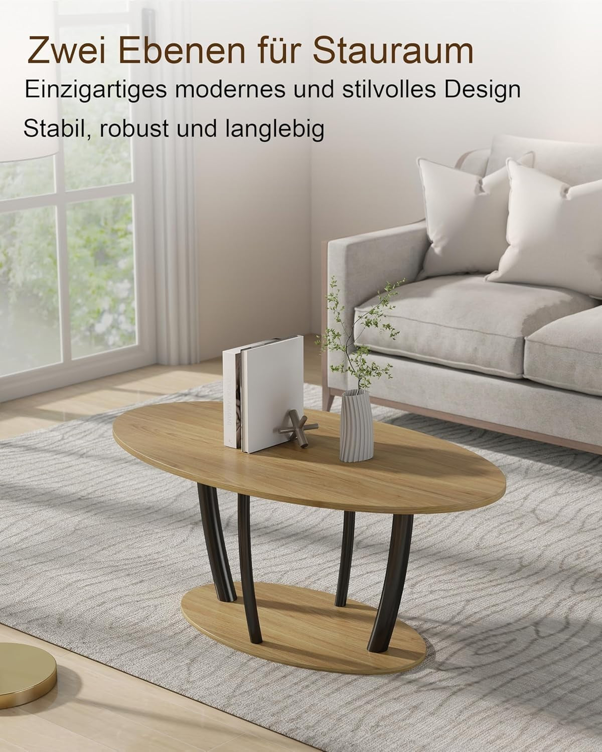 Modern Oak Oval Coffee Table with Storage Shelf – Small Space Mid-Century
