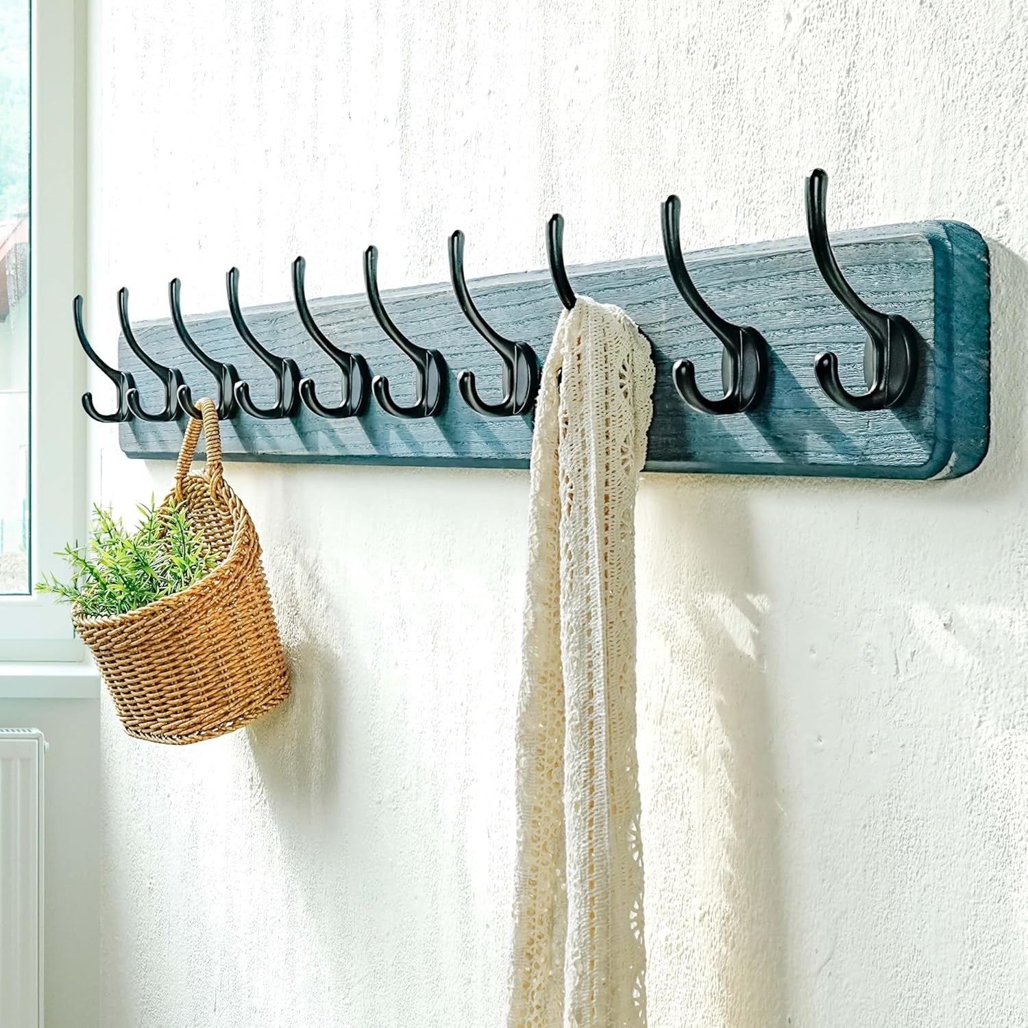 Wooden Wall Mounted Coat Rack 97cm 10 Double Hooks Rustic Blue Hanger