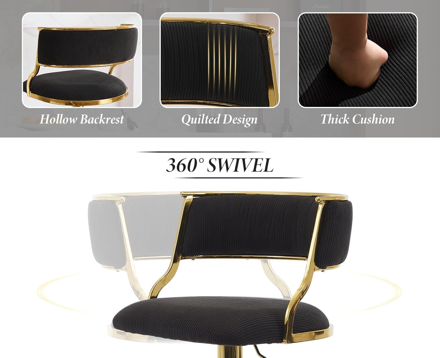 Black Velvet Swivel Bar Stools Set of 2 – Adjustable Counter Chairs