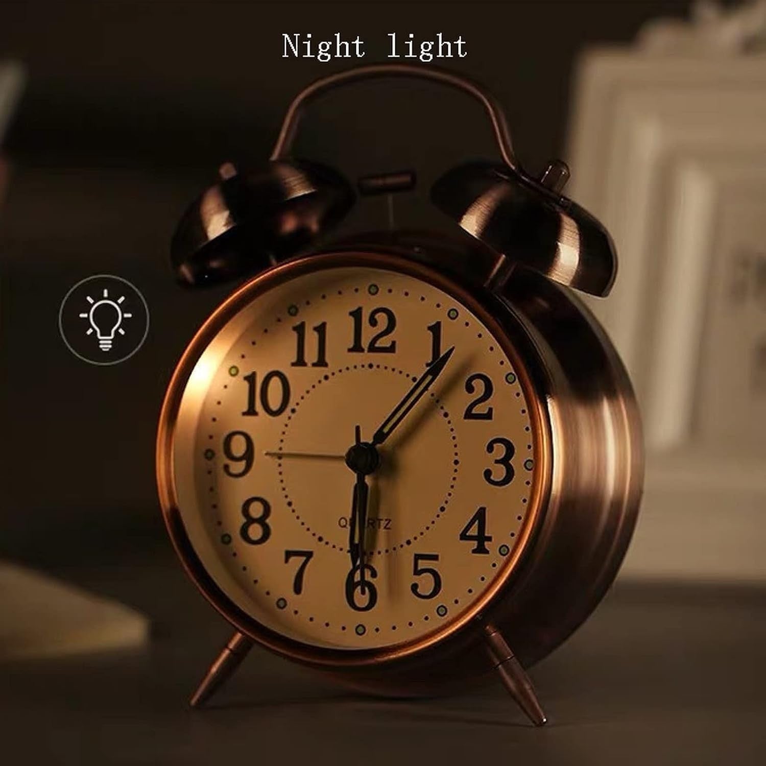 Copper Twin Bell Alarm Clock Loud Silent Vintage Bedside Desk Clock