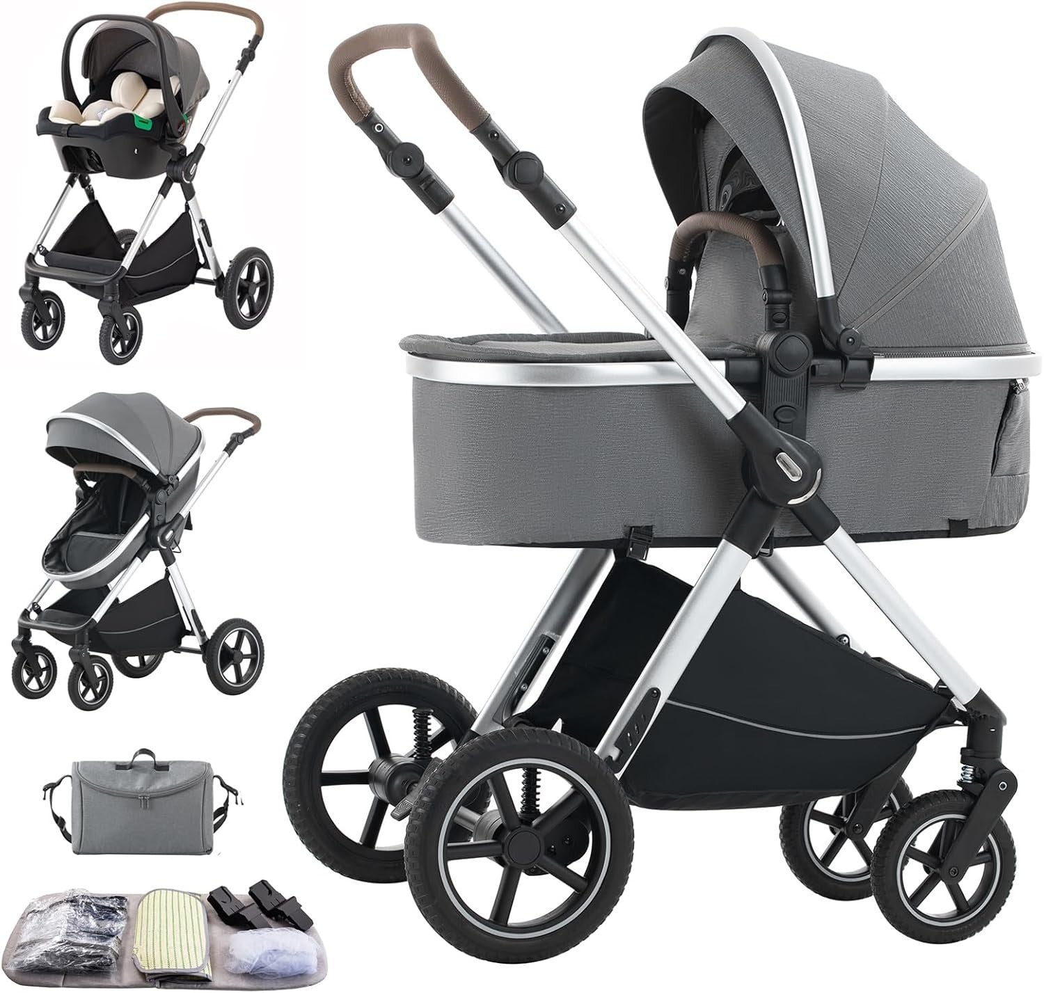 Premium 3in1 Baby Stroller Pram System Foldable Pushchair Adjustable Handle
