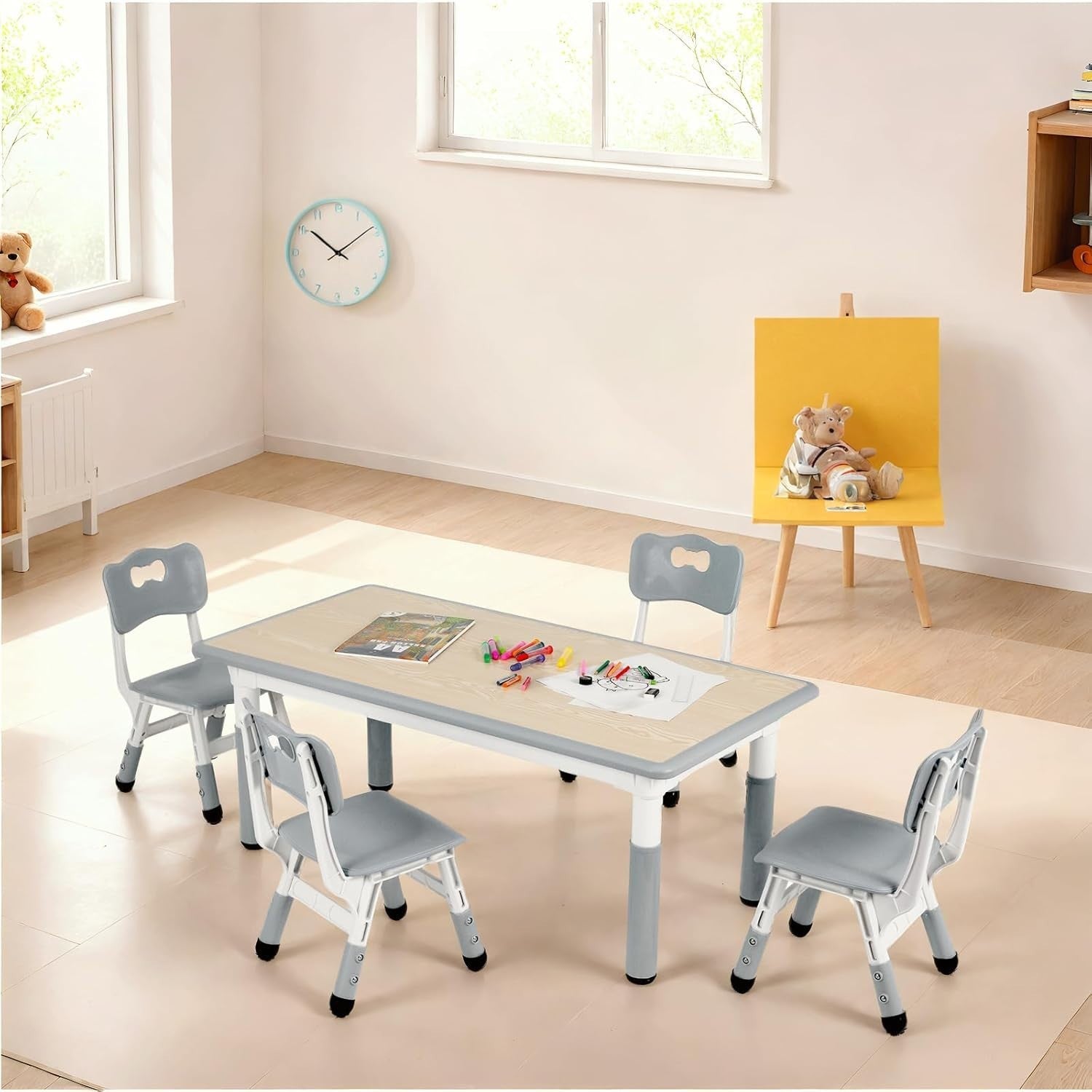 Kids Table and 4 Chairs Set Adjustable Height Study Play Dining Furniture Grey