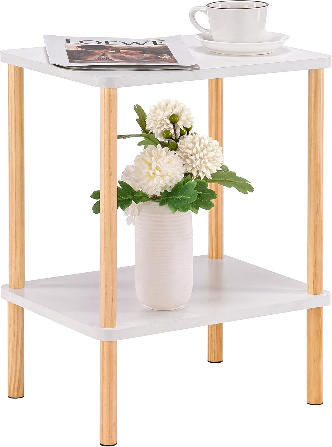 White & Oak Narrow Bedside Table – 2-Tier Side Table with Shelf, No-Tool Setup