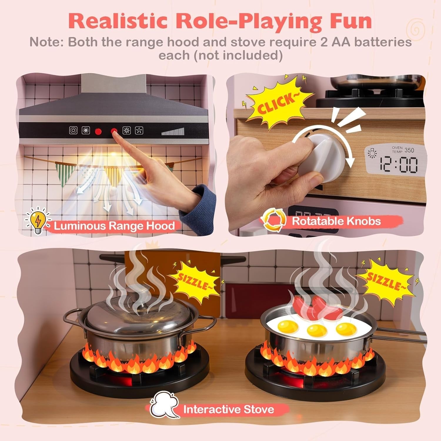 Kids Wooden Play Kitchen Laundry Set Lights Sounds Pink Toy Kitchen