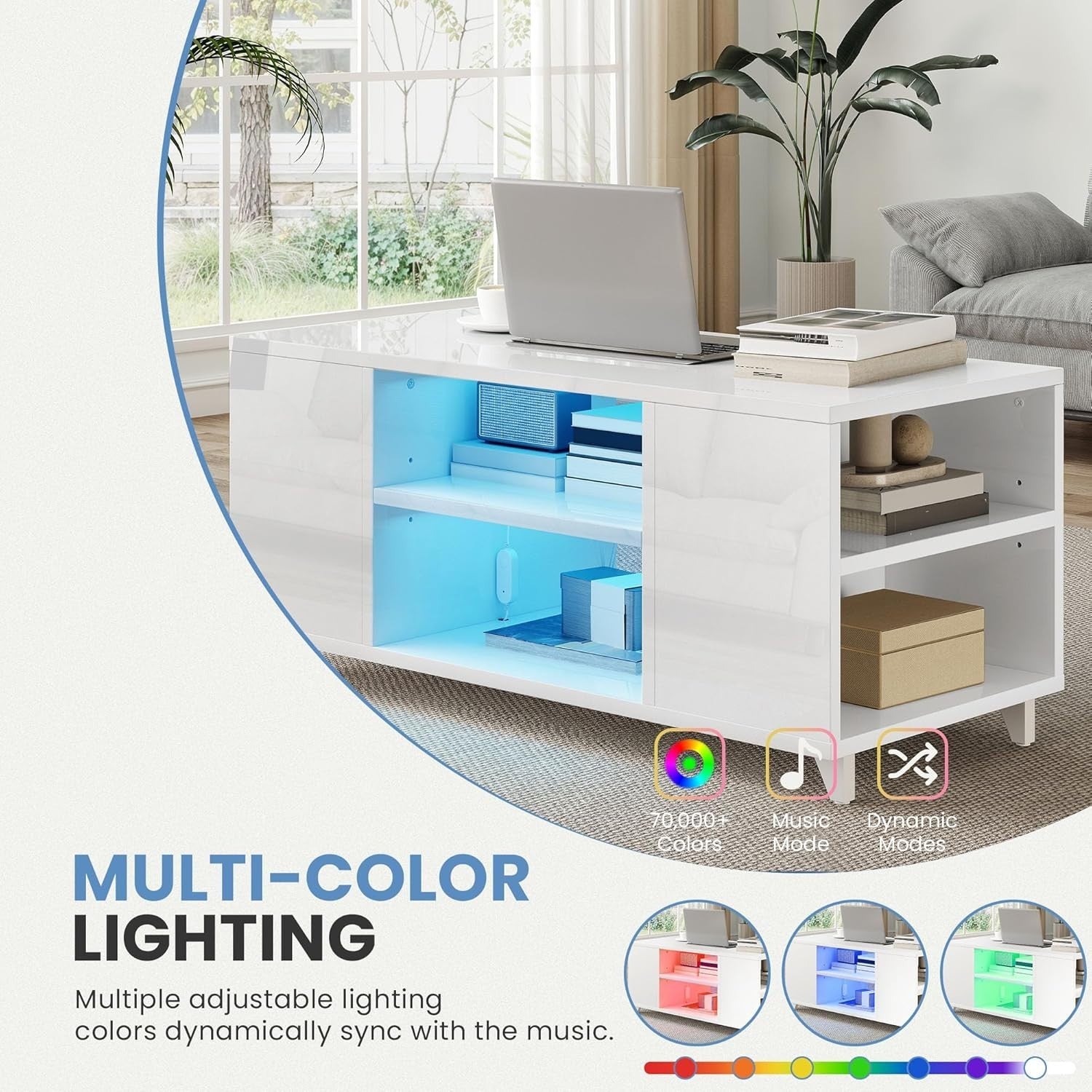 High Gloss Coffee Table with Storage & RGB LED Light – Modern 97.5x48x45 cm