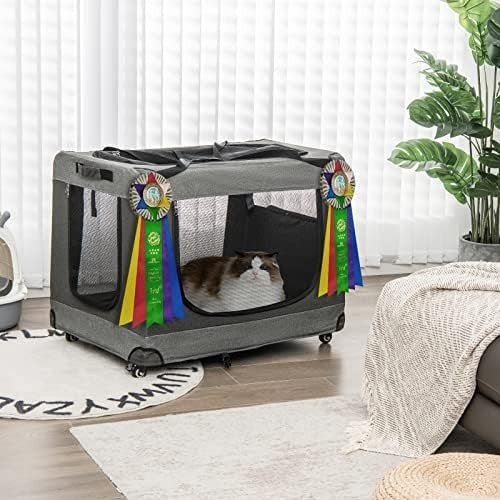 Foldable Grey Pet Carrier Crate with Wheels 3-Door Travel Bag for Cats & Dogs