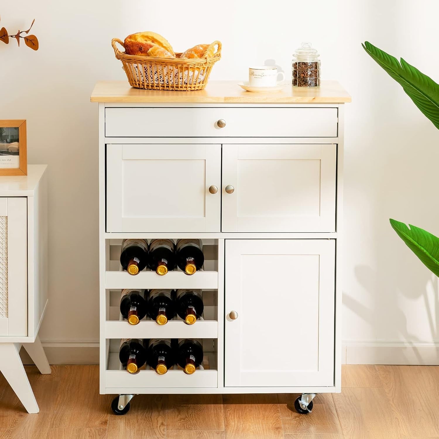 Kitchen Island Trolley White Storage Cabinet Drawer Wine Rack Rolling