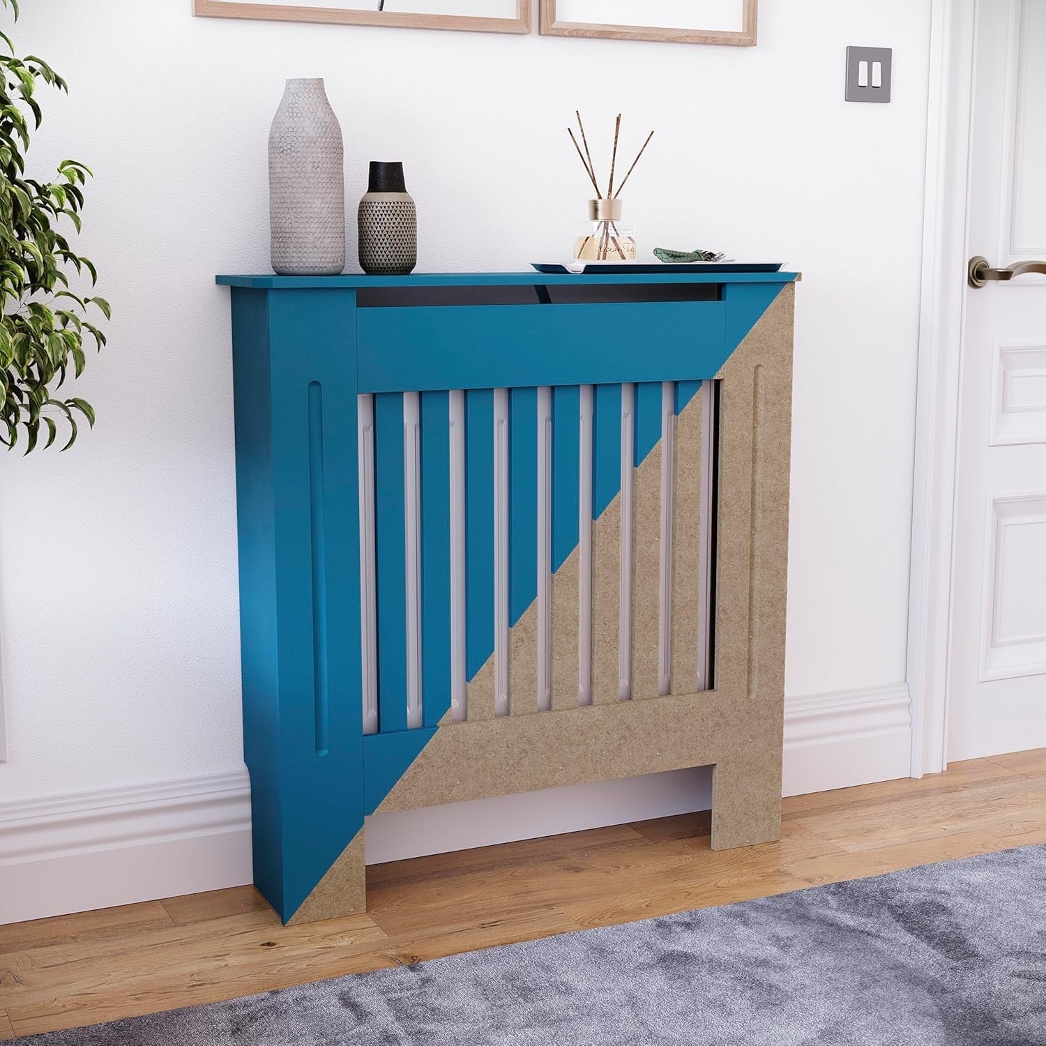 Small Unfinished Radiator Cover Cabinet | Modern Slatted MDF Heater Cover