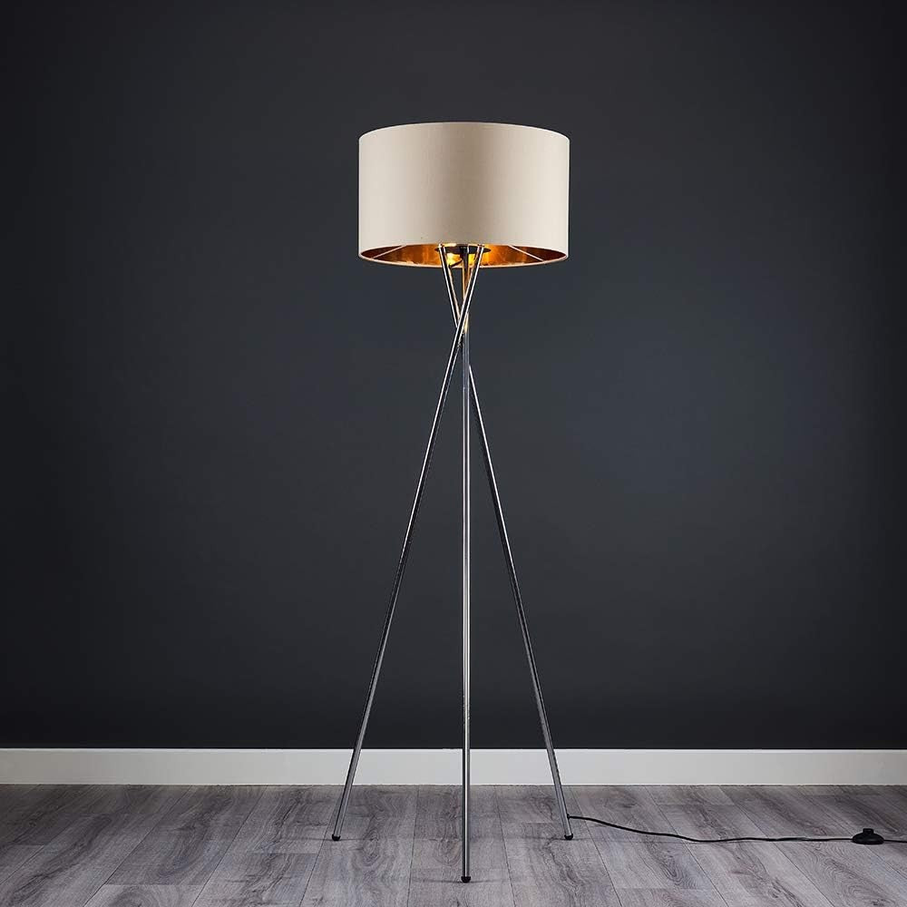Tripod Floor Lamp Chrome Beige Gold Shade Modern Standing Living Room Light