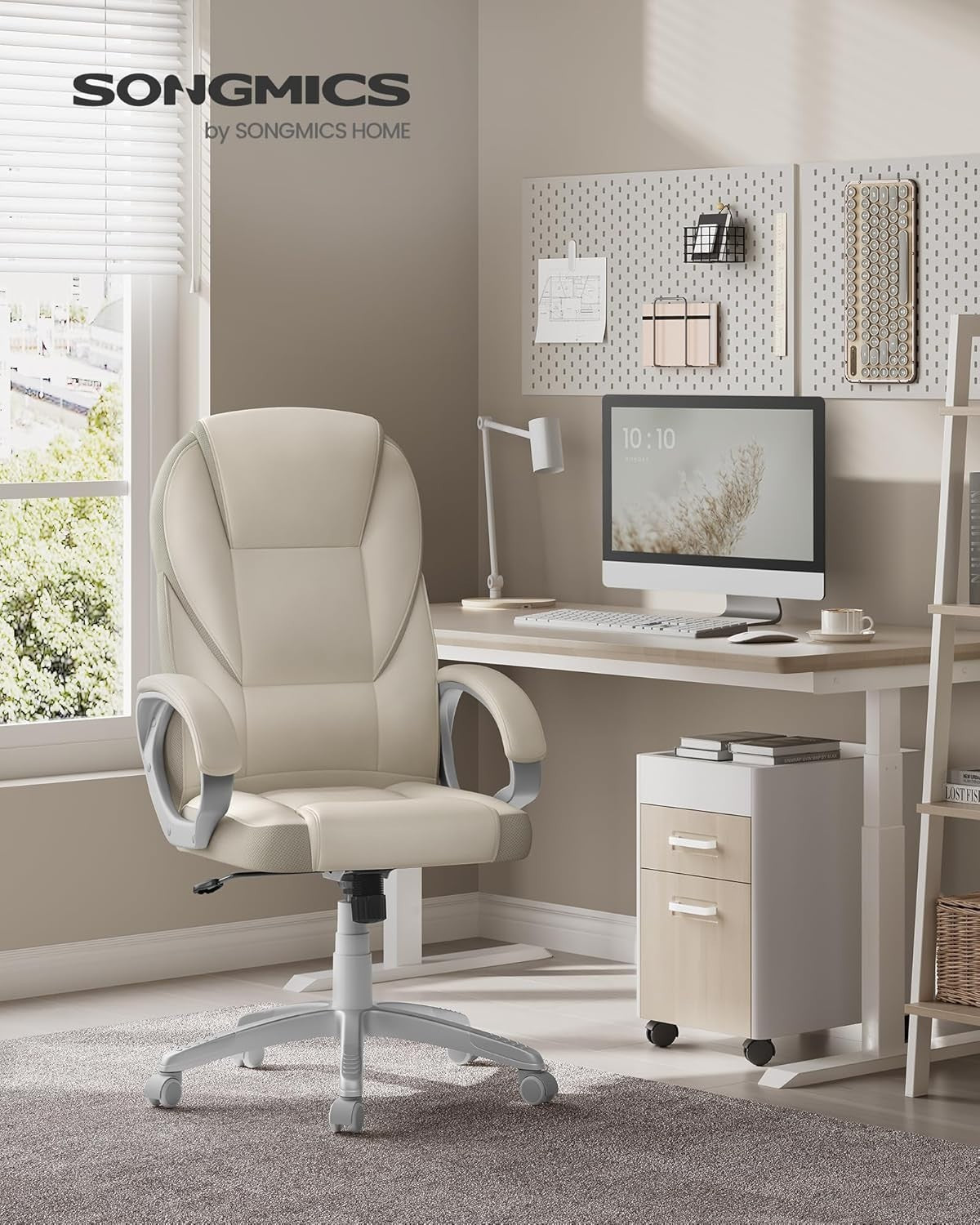 Ergonomic Office Chair Faux Leather Swivel Desk Seat Adjustable Height Cream Whi