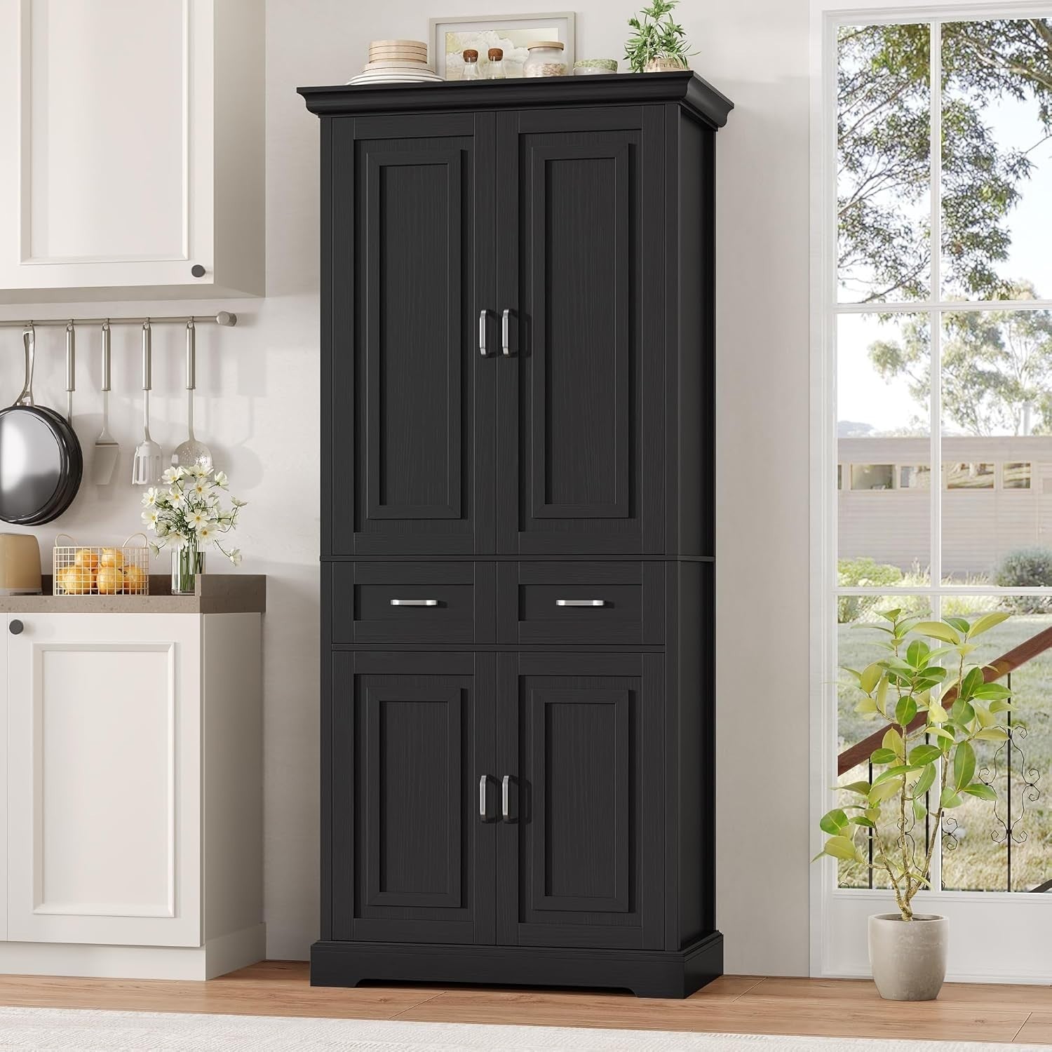180.5cm Tall Kitchen Cupboard Black 4 Doors 2 Drawers Adjustable Shelves