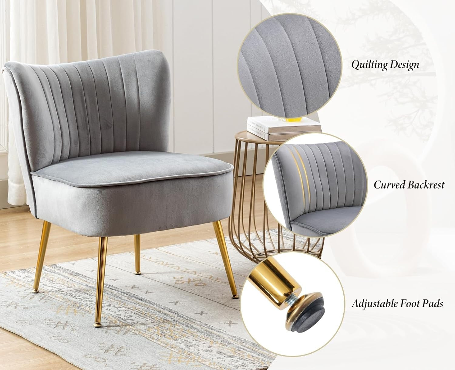 Grey Velvet Accent Chair Gold Metal Legs Lounge Tub Seat