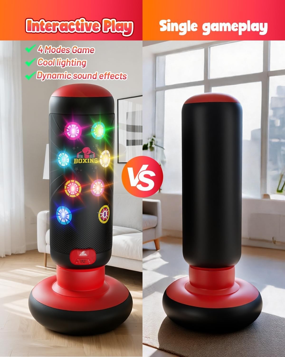 Kids Interactive Punching Bag Inflatable Boxing Game Lights Music