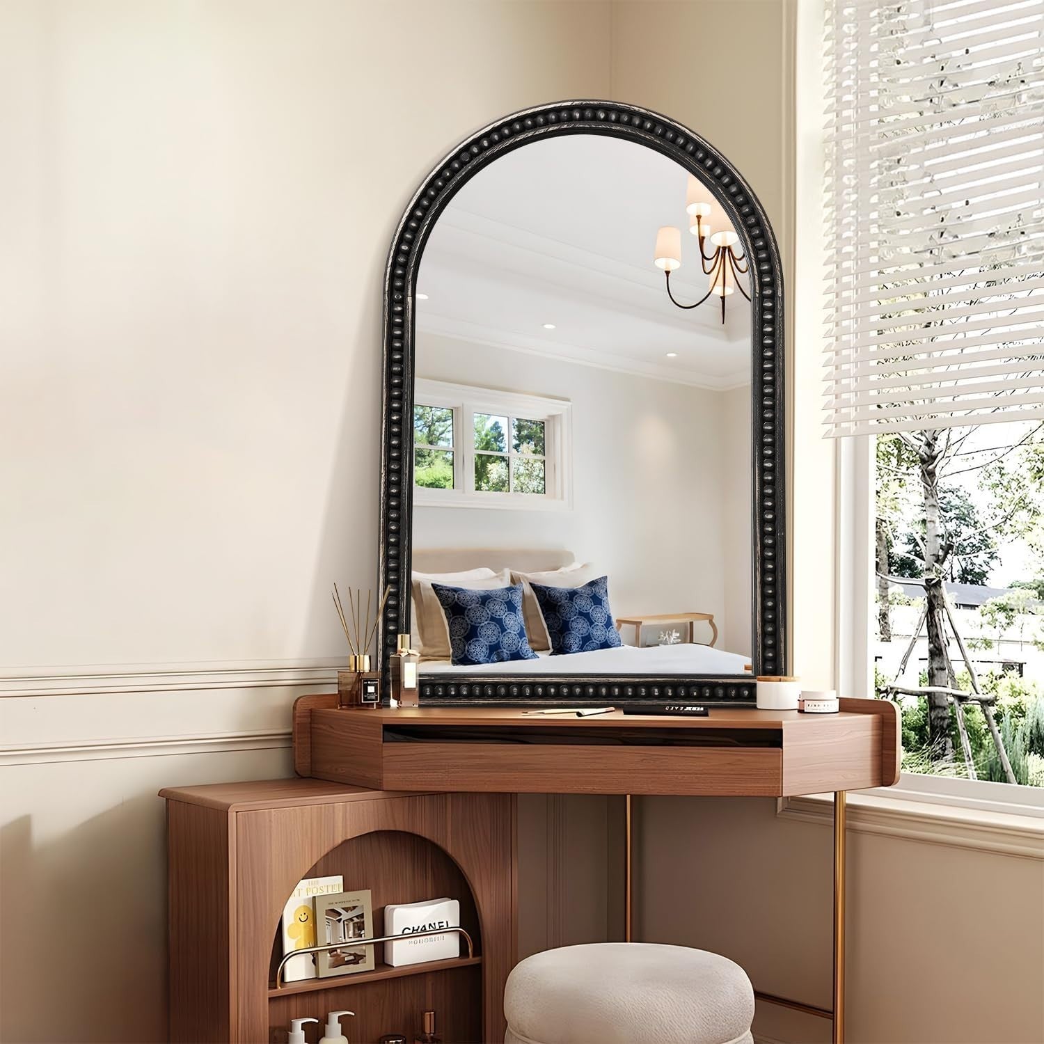 Luxury Arch Wall Mirror 90x60cm Black Wood Frame Bathroom Vanity Decor