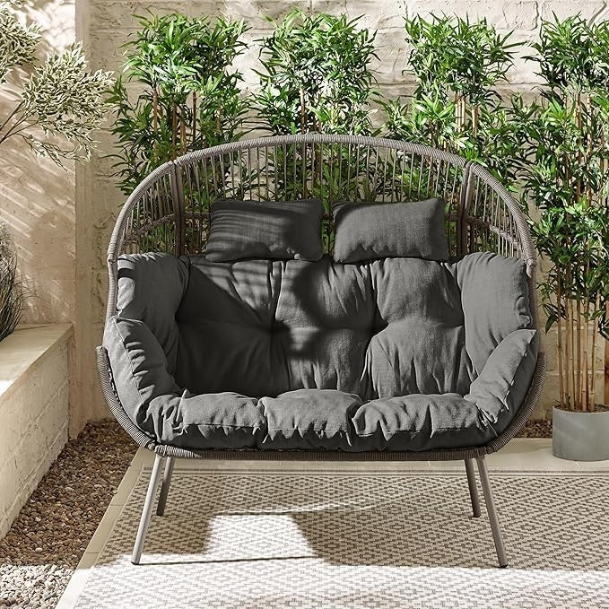 Grey Rattan Double Egg Chair 2 Seater Garden Patio Furniture w/ Cushions & Cover