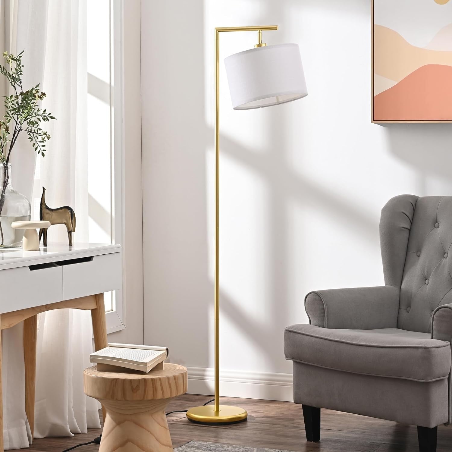LED Floor Lamp 63in Adjustable Linen Shade Gold Metal Standing Light Modern