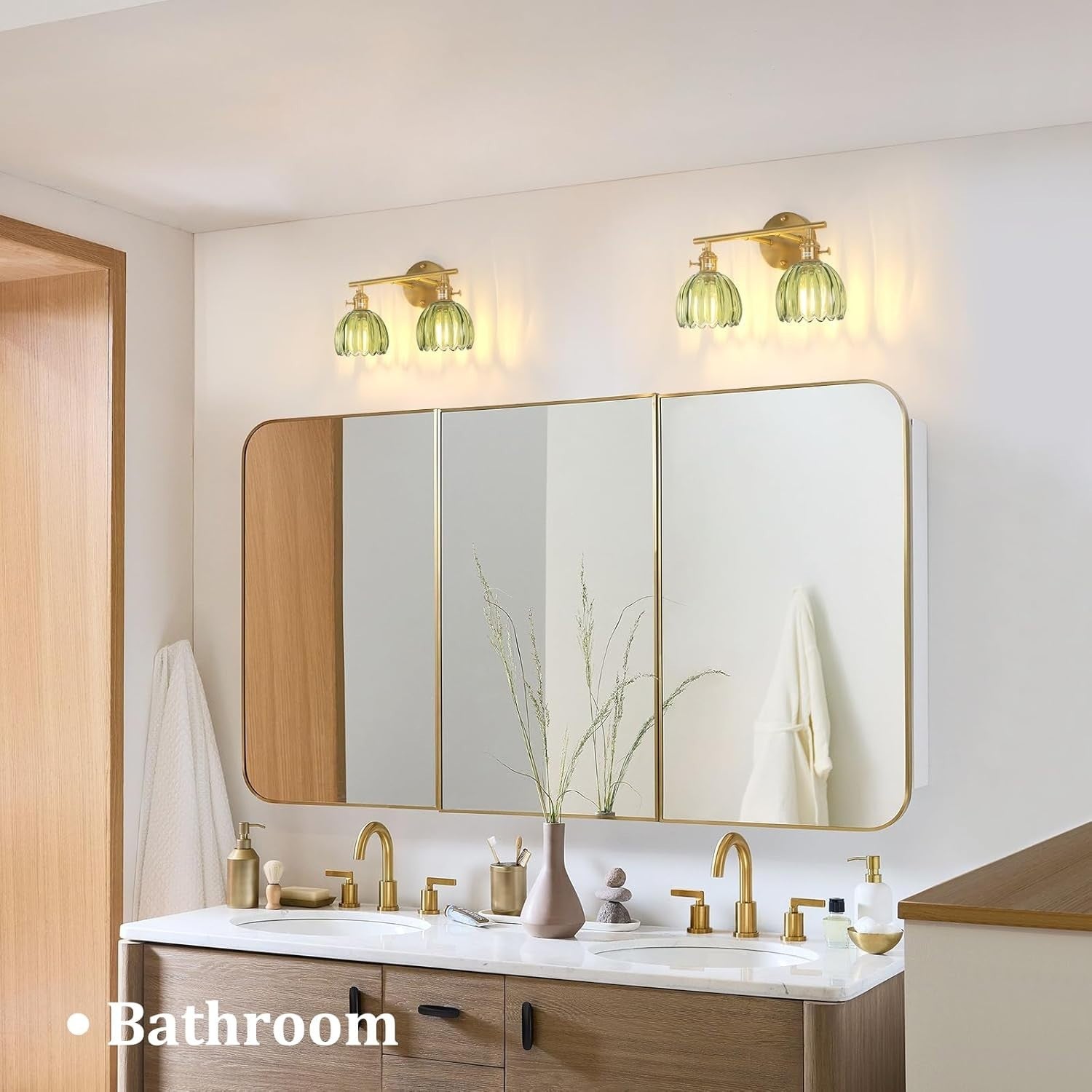 2-Light Green Glass Wall Sconce Vanity Light Brass Fixture for Bathroom