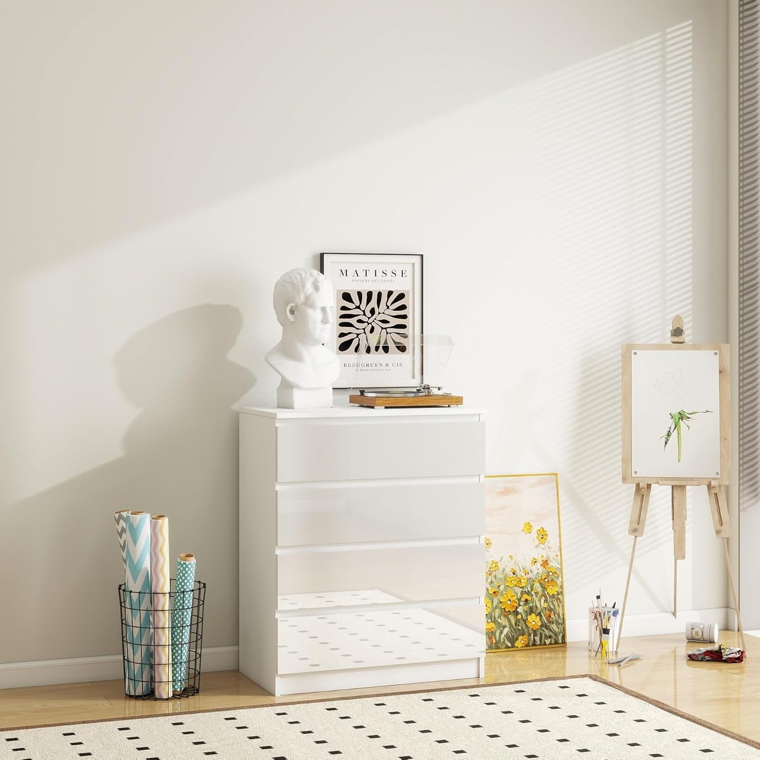 High-Gloss 4-Drawer Wooden Chest | Sleek Storage Organizer for Bedroom & Living