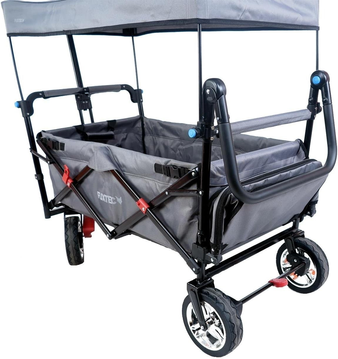 Grey Folding Kids Wagon w/ Roof Push Pull Cart Brakes Solid Wheels & Extension