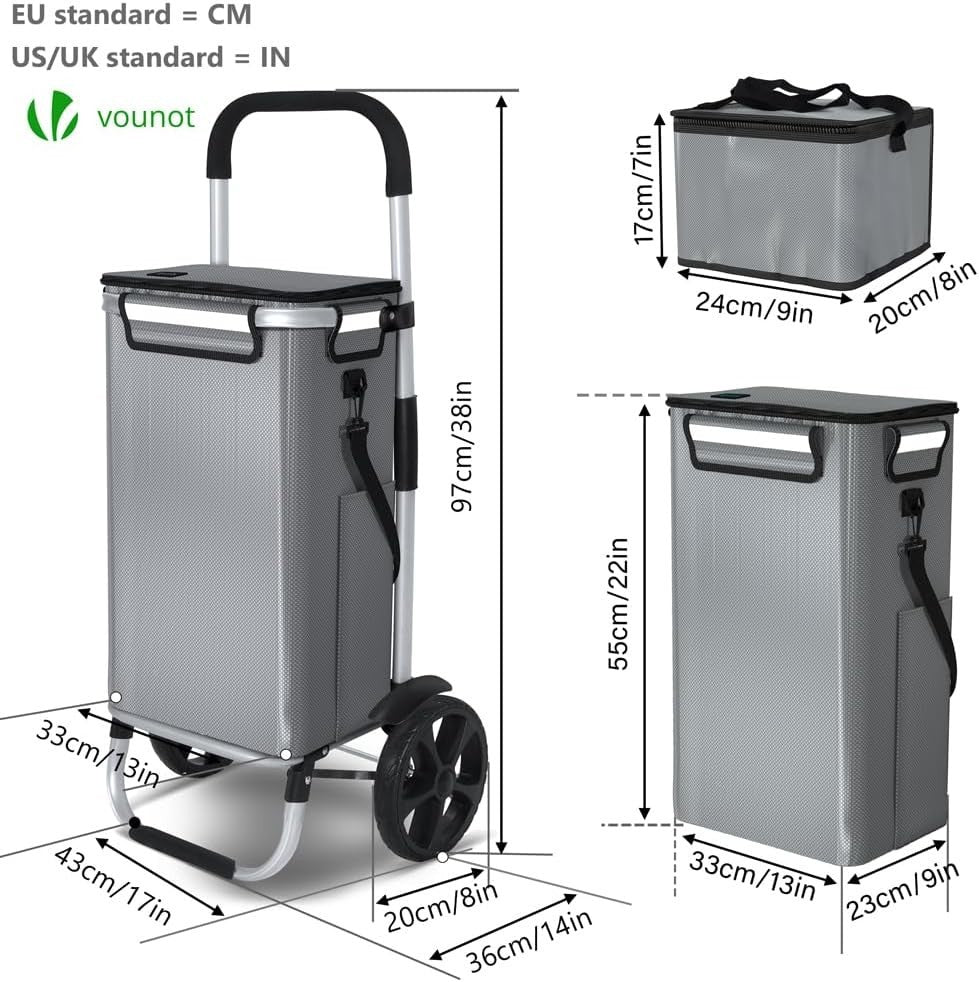 58L Folding Shopping Trolley Grey Aluminium Basket with Insulated Bag