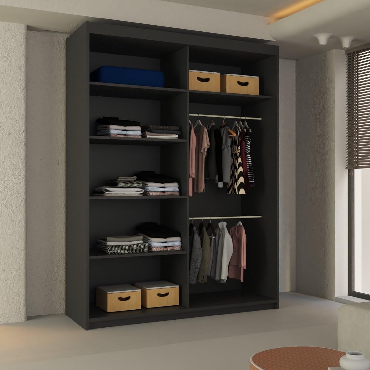 Black Sliding Wardrobe Mirror Doors 150cm Modern Storage Rails Shelves