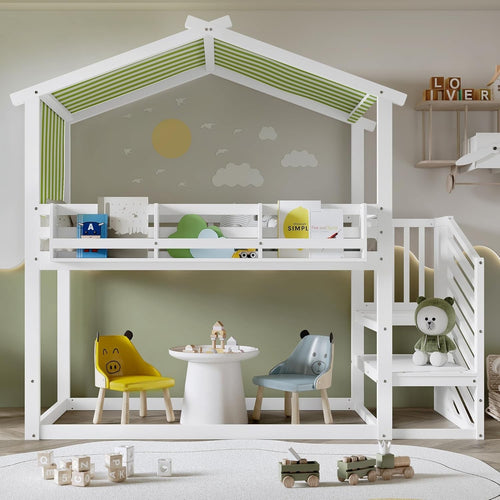 Kids High Sleeper Bunk Bed with Corner Stairs Canopy Bookshelf Storage 90x190