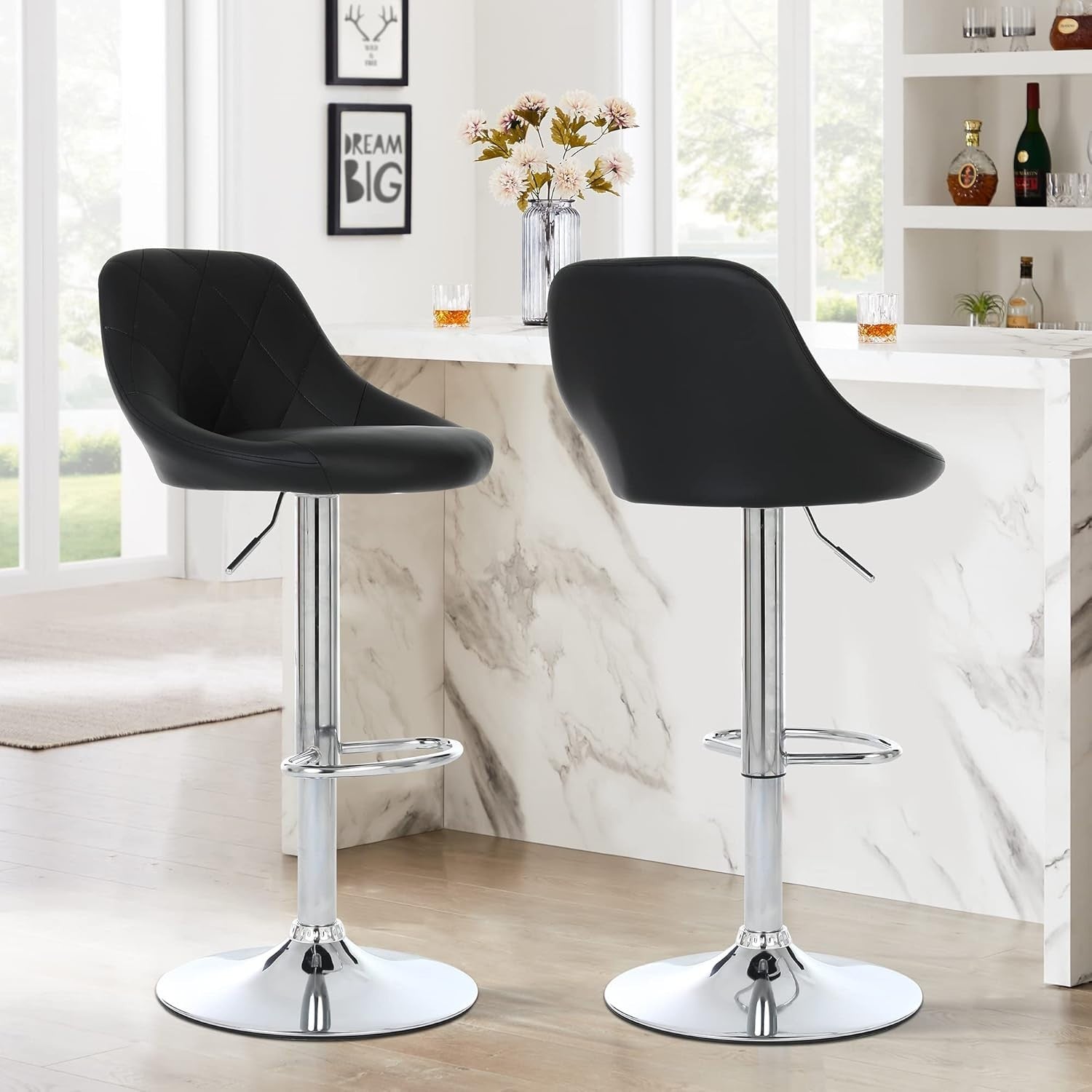 Set of 2 Adjustable Swivel Bar Stools –DM931 Black L-Shape